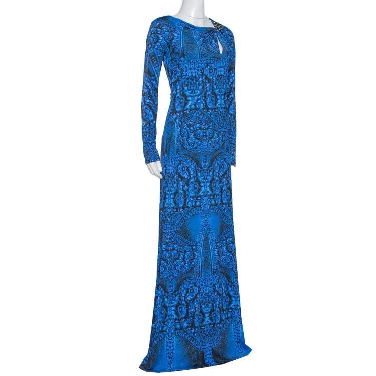 Pre Owned Roberto Cavalli Blue Printed Jersey Brooch Detail Maxi Dress M