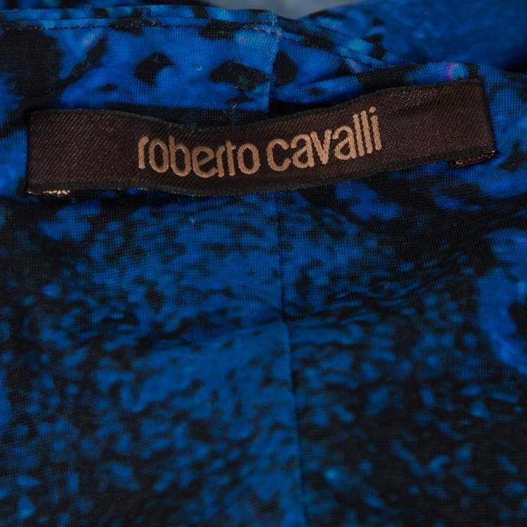 Pre Owned Roberto Cavalli Blue Printed Jersey Brooch Detail Maxi Dress M