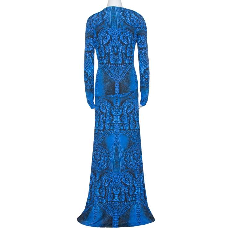 Pre Owned Roberto Cavalli Blue Printed Jersey Brooch Detail Maxi Dress M