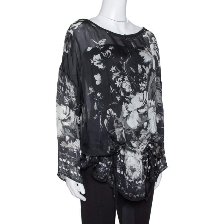 Pre Owned Roberto Cavalli Black Floral Print Silk Sheer Kaftan Blouse S