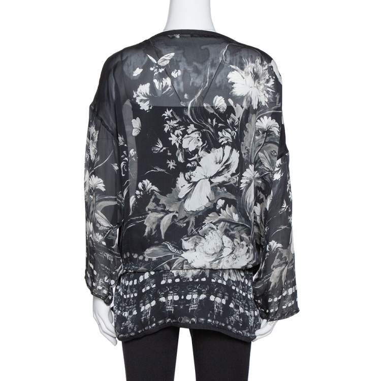 Pre Owned Roberto Cavalli Black Floral Print Silk Sheer Kaftan Blouse S