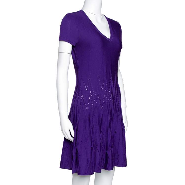Pre Owned Roberto Cavalli Purple Textured Wool Knit Fit & Flare Dress M