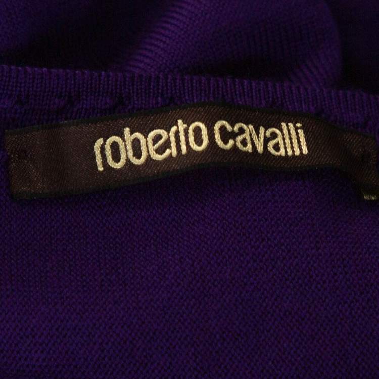 Pre Owned Roberto Cavalli Purple Textured Wool Knit Fit & Flare Dress M