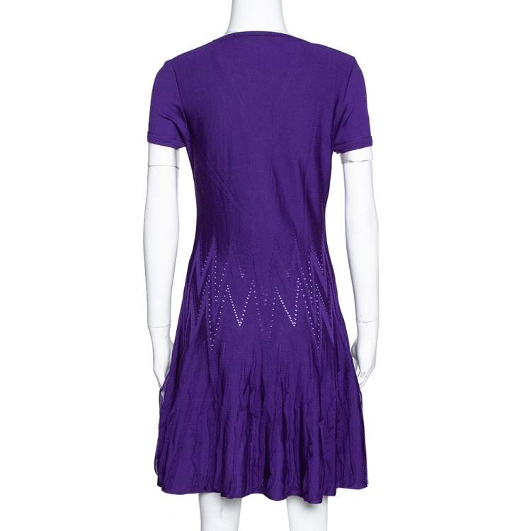 Pre Owned Roberto Cavalli Purple Textured Wool Knit Fit & Flare Dress M
