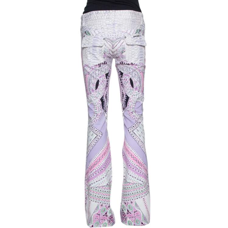 Pre Owned Roberto Cavalli White & Purple Snake Print Denim Flared Jeans M