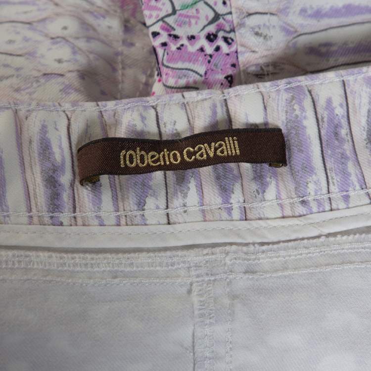 Pre Owned Roberto Cavalli White & Purple Snake Print Denim Flared Jeans M