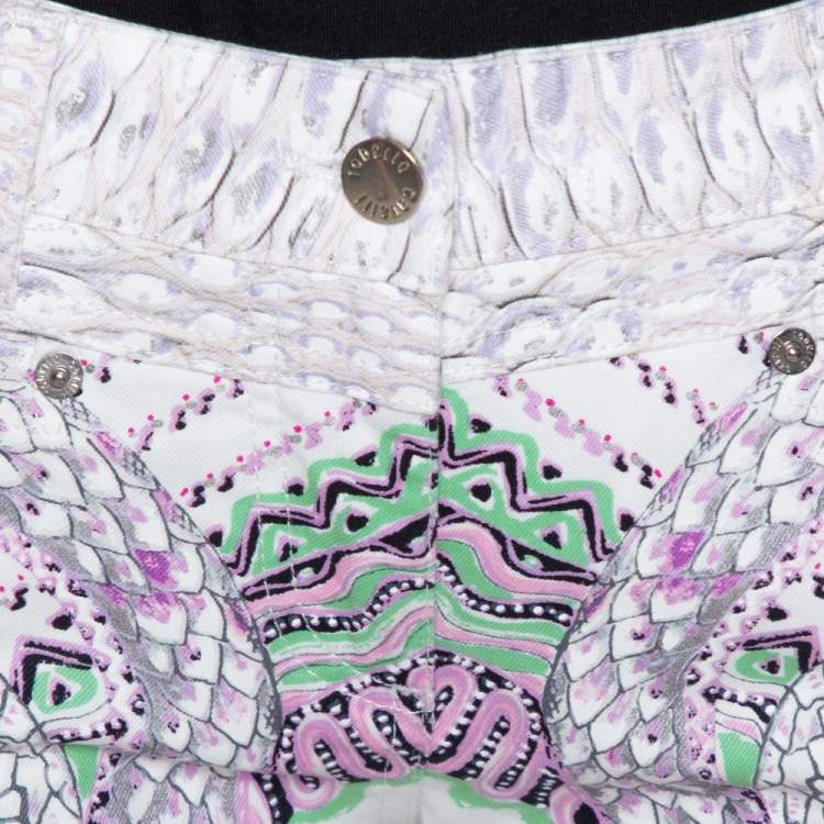 Pre Owned Roberto Cavalli White & Purple Snake Print Denim Flared Jeans M