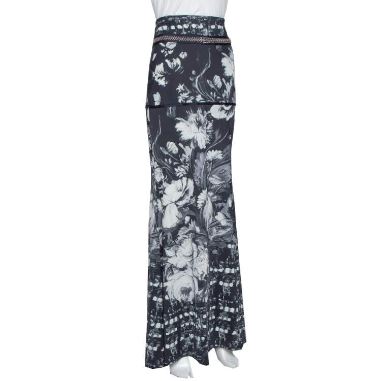 Pre Owned Roberto Cavalli Monochrome Floral Print Jersey Chain Detail Maxi Skirt L