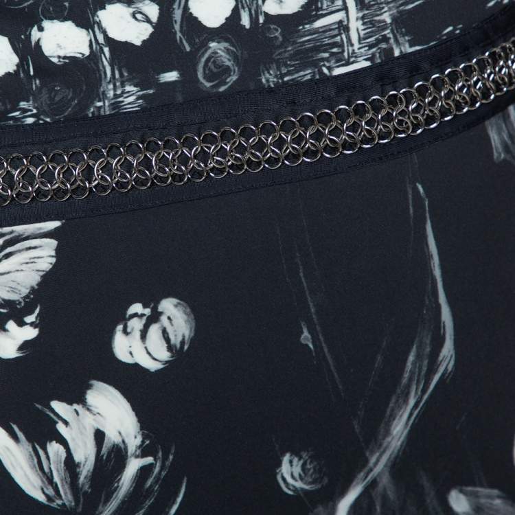 Pre Owned Roberto Cavalli Monochrome Floral Print Jersey Chain Detail Maxi Skirt L