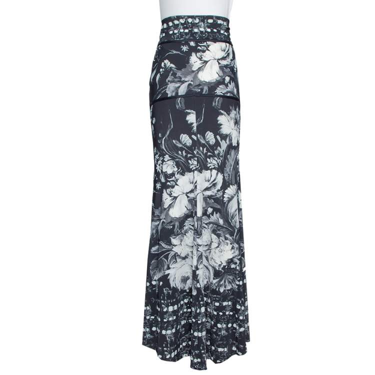 Pre Owned Roberto Cavalli Monochrome Floral Print Jersey Chain Detail Maxi Skirt L