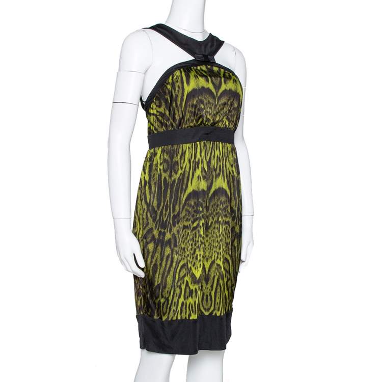 Pre Owned Roberto Cavalli Green Animal Print Jersey Halter Neck Dress M