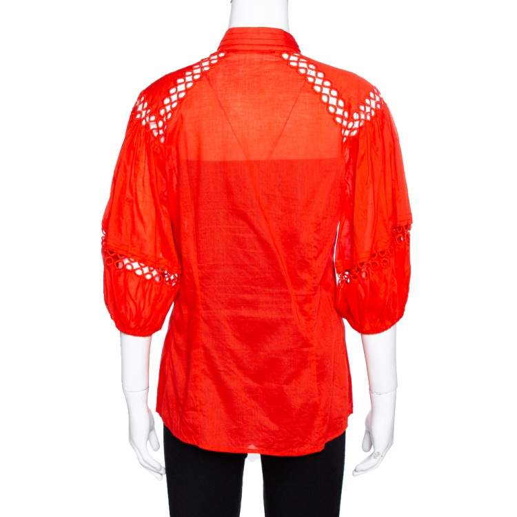 Pre Owned Roberto Cavalli Red Cotton Eyelet Lace Detail Blouse M