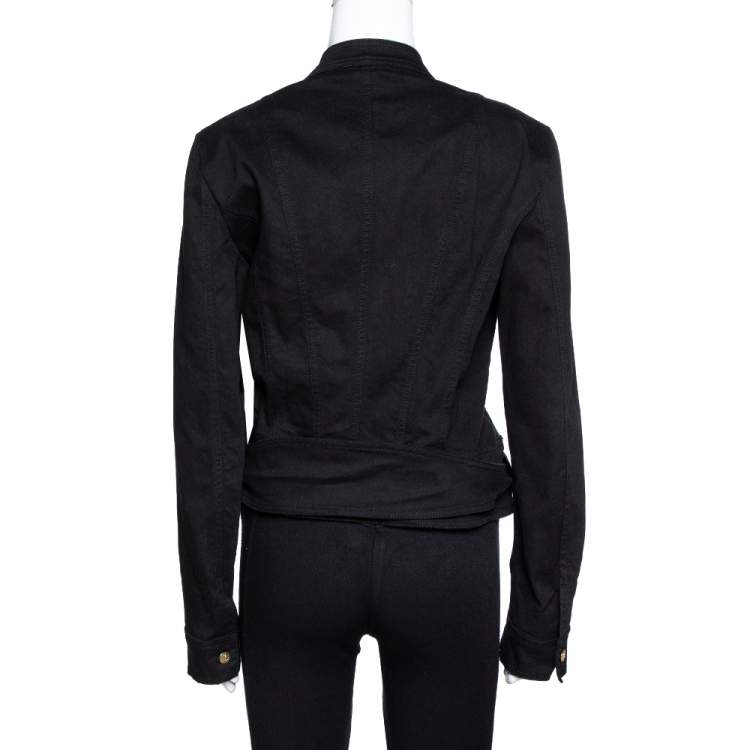 Pre Owned Roberto Cavalli Black Denim Zip Front Belted Jacket L