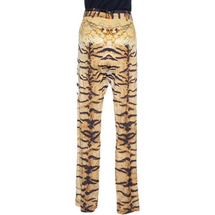 Pre Owned Roberto Cavalli Brown Leopard Print Stretch Silk Straight Leg Pants L