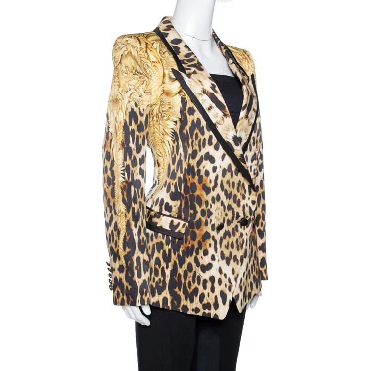 Pre Owned Roberto Cavalli Brown Animal & Eagle Print Silk Double Breasted Blazer L