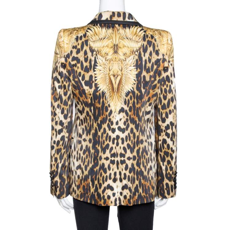 Pre Owned Roberto Cavalli Brown Animal & Eagle Print Silk Double Breasted Blazer L