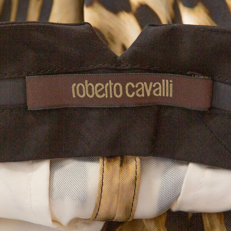 Pre Owned Roberto Cavalli Brown Leopard & Wings Print Silk Straight Leg Pants L