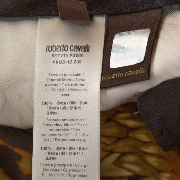 Pre Owned Roberto Cavalli Brown Leopard & Wings Print Silk Straight Leg Pants L