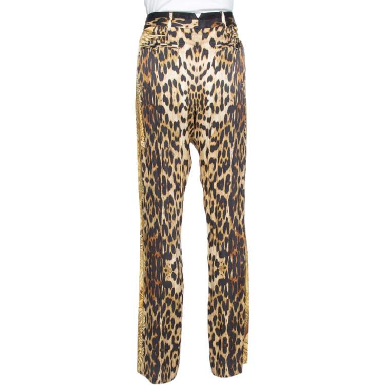 Pre Owned Roberto Cavalli Brown Leopard & Wings Print Silk Straight Leg Pants L