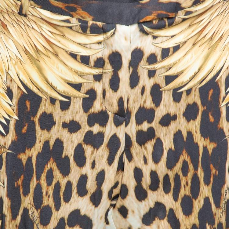 Pre Owned Roberto Cavalli Brown Leopard & Wings Print Silk Straight Leg Pants L