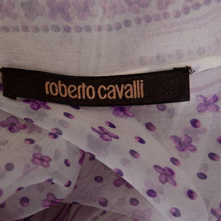 Pre Owned Roberto Cavalli White & Purple Floral Print Silk Sheer Blouse M