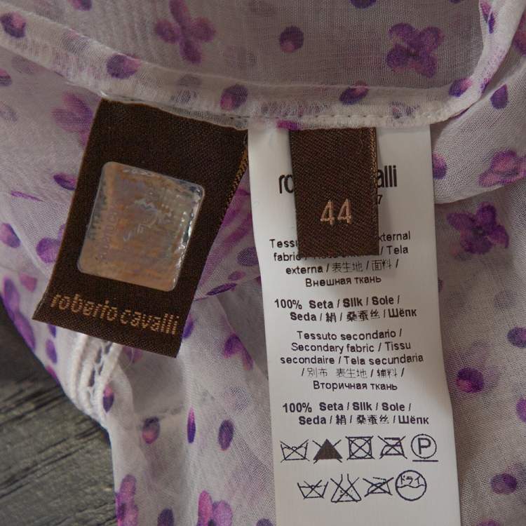 Pre Owned Roberto Cavalli White & Purple Floral Print Silk Sheer Blouse M