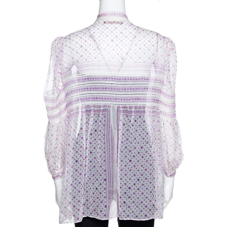 Pre Owned Roberto Cavalli White & Purple Floral Print Silk Sheer Blouse M