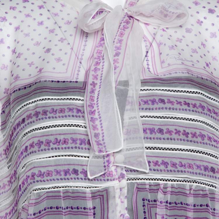 Pre Owned Roberto Cavalli White & Purple Floral Print Silk Sheer Blouse M