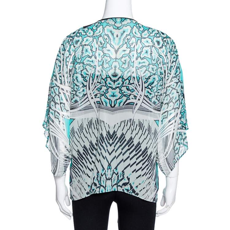Pre Owned Roberto Cavalli Turquoise Blue Printed Silk Leather Trim Kaftan Top M