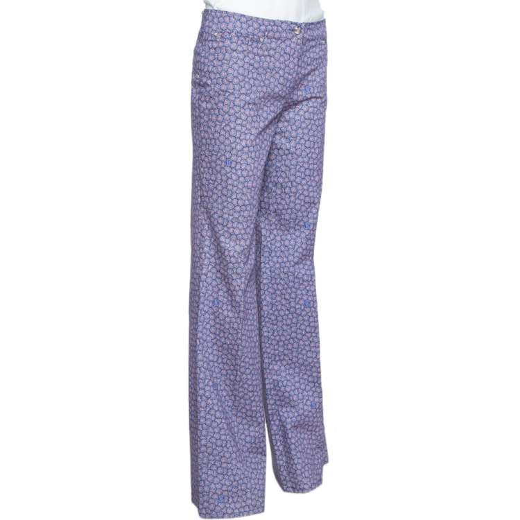 Pre Owned Roberto Cavalli Purple Floral Print Cotton Flared Trousers M