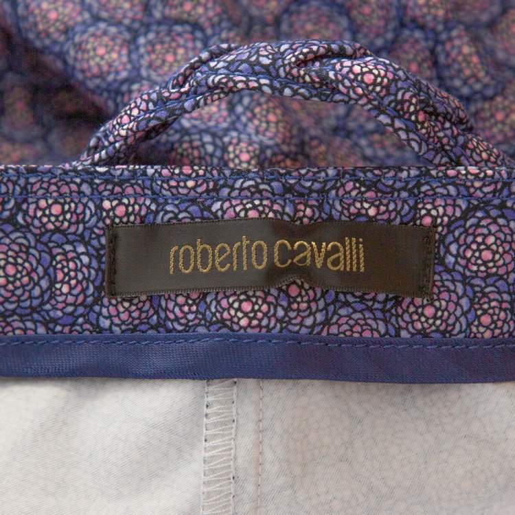 Pre Owned Roberto Cavalli Purple Floral Print Cotton Flared Trousers M