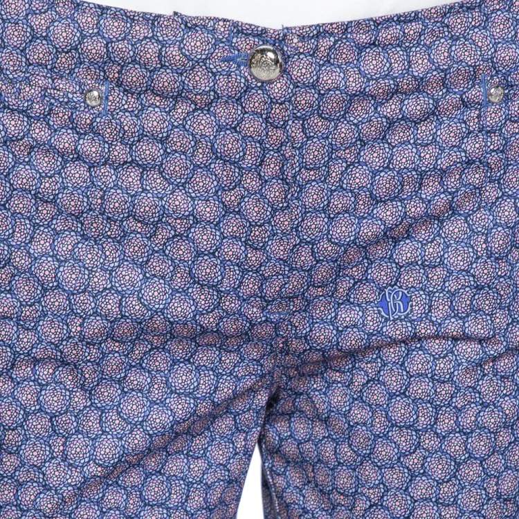 Pre Owned Roberto Cavalli Purple Floral Print Cotton Flared Trousers M