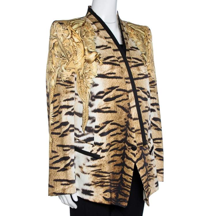 Pre Owned Roberto Cavalli Beige Animal Print Silk Tailored Blazer L
