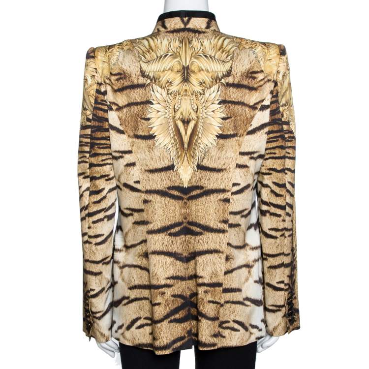 Pre Owned Roberto Cavalli Beige Animal Print Silk Tailored Blazer L