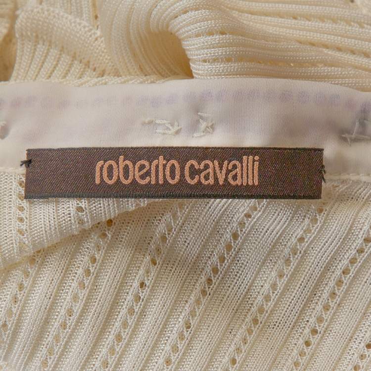 Pre Owned Roberto Cavalli White Floral Print Silk & Knit Embellished Ruffled Top M
