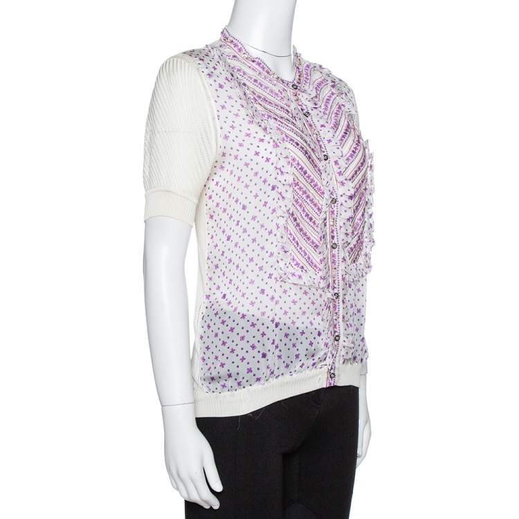 Pre Owned Roberto Cavalli White Floral Print Silk & Knit Embellished Ruffled Top M