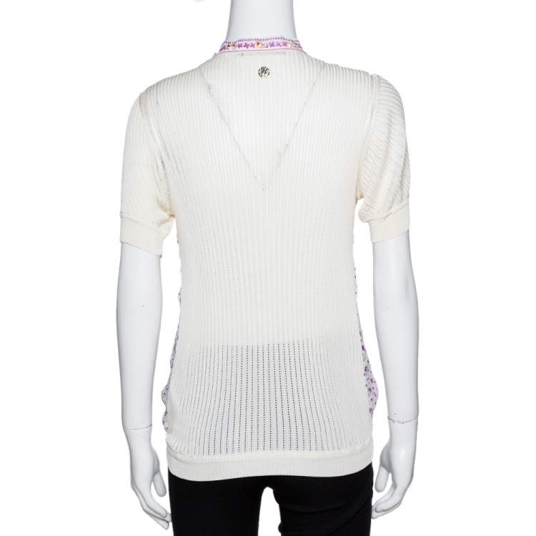 Pre Owned Roberto Cavalli White Floral Print Silk & Knit Embellished Ruffled Top M