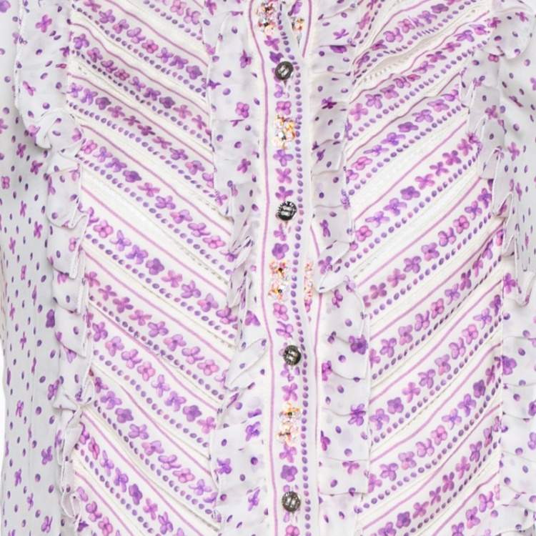 Pre Owned Roberto Cavalli White Floral Print Silk & Knit Embellished Ruffled Top M