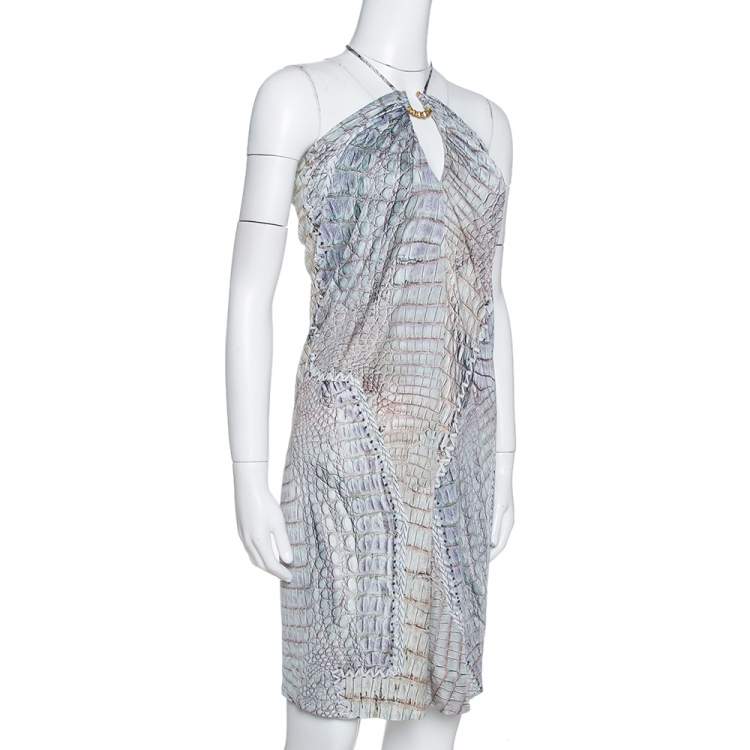 Pre Owned Roberto Cavalli Sage Animal Printed Jersey Halterneck Mini Dress S