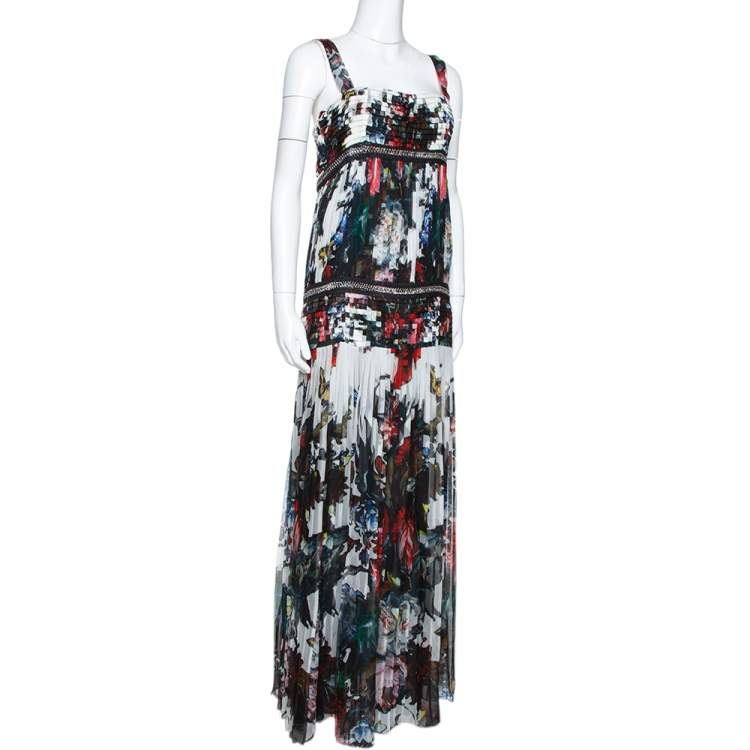 Pre Owned Roberto Cavalli Multicolor Floral Printed Silk Chain Embellished Pleated Maxi Dress M
