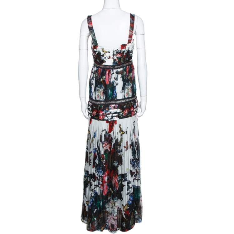 Pre Owned Roberto Cavalli Multicolor Floral Printed Silk Chain Embellished Pleated Maxi Dress M