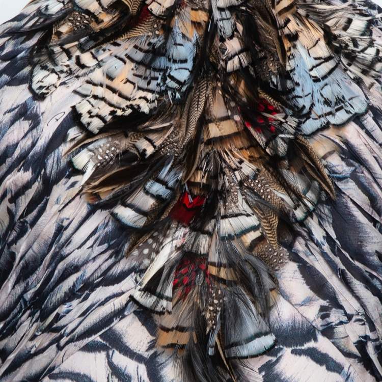 Pre Owned Roberto Cavalli Dark Blue Printed Silk Feather Detail Halter Neck Dress M