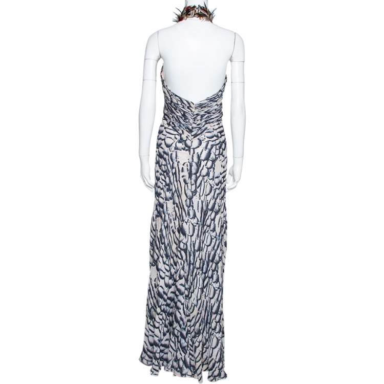 Pre Owned Roberto Cavalli Dark Blue Printed Silk Feather Detail Halter Neck Dress M