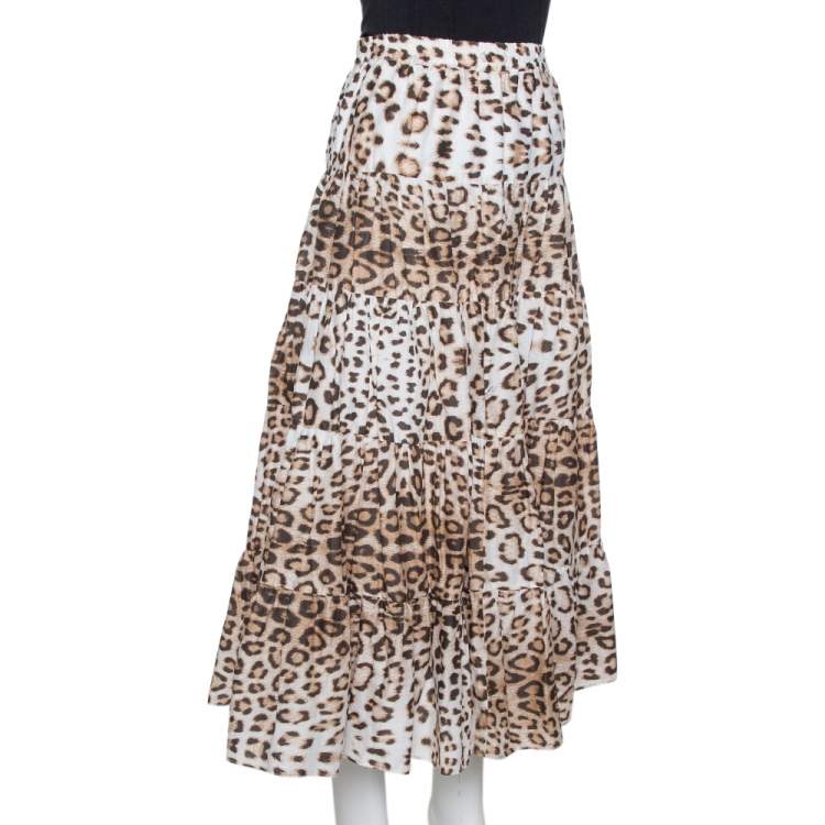 Pre Owned Roberto Cavalli Bicolor Leopard Print Cotton Tiered Midi Skirt M