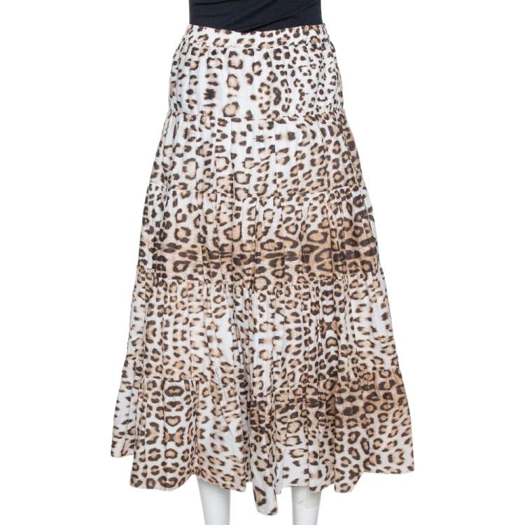 Pre Owned Roberto Cavalli Bicolor Leopard Print Cotton Tiered Midi Skirt M