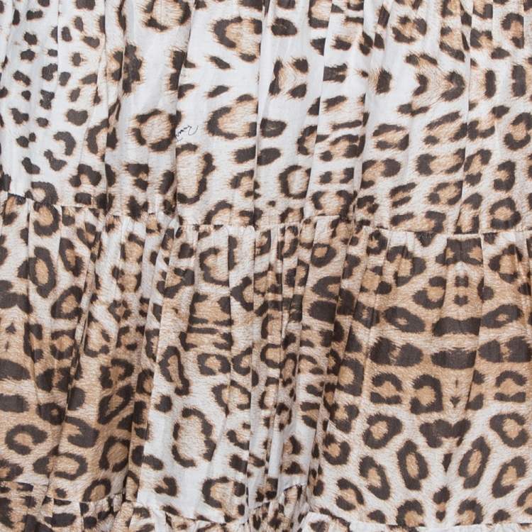 Pre Owned Roberto Cavalli Bicolor Leopard Print Cotton Tiered Midi Skirt M