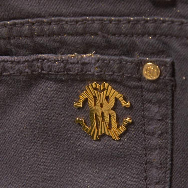 Pre Owned Roberto Cavalli Brown & Gold Denim Distressed Straight Leg Jeans M