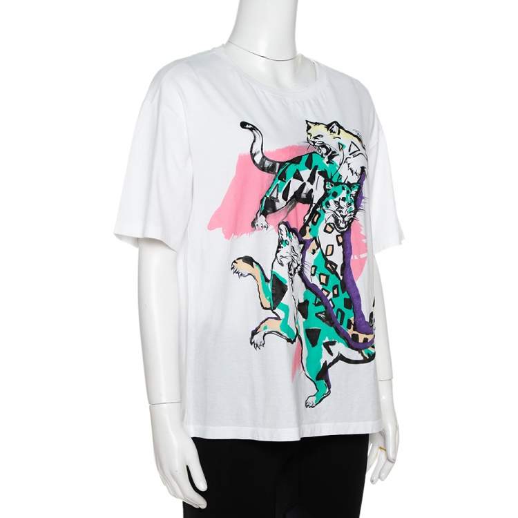 Pre Owned Roberto Cavalli  White Cotton Panther Print Crew Neck T-Shirt M