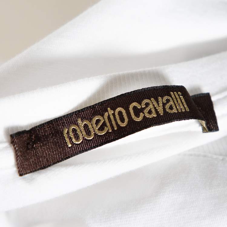 Pre Owned Roberto Cavalli  White Cotton Panther Print Crew Neck T-Shirt M