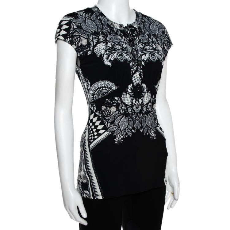 Pre Owned Roberto Cavalli Monochrome Abstract Paisley Printed Jersey Top M